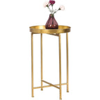 Tray Metal End Table, Gold Round Foldable Side Table Small Decorative Sofa Snack Coffee Plant Stand Table (Golden Tray)
