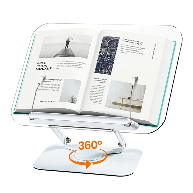 Book Stand for Reading, Adjustable Book Holder with 360° Rotating Base & Elastic Page Clips, Foldable Cookbook Stand for Office