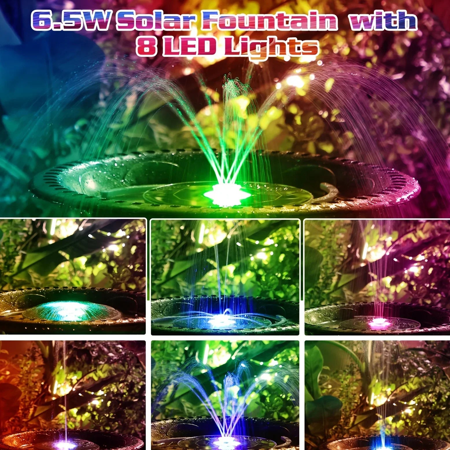 6.5W LED Solar Fountain Pump with Lights, for Bird Bath Pool, Solar Water Fountain with Battery, for Outdoor, Garden Decoration