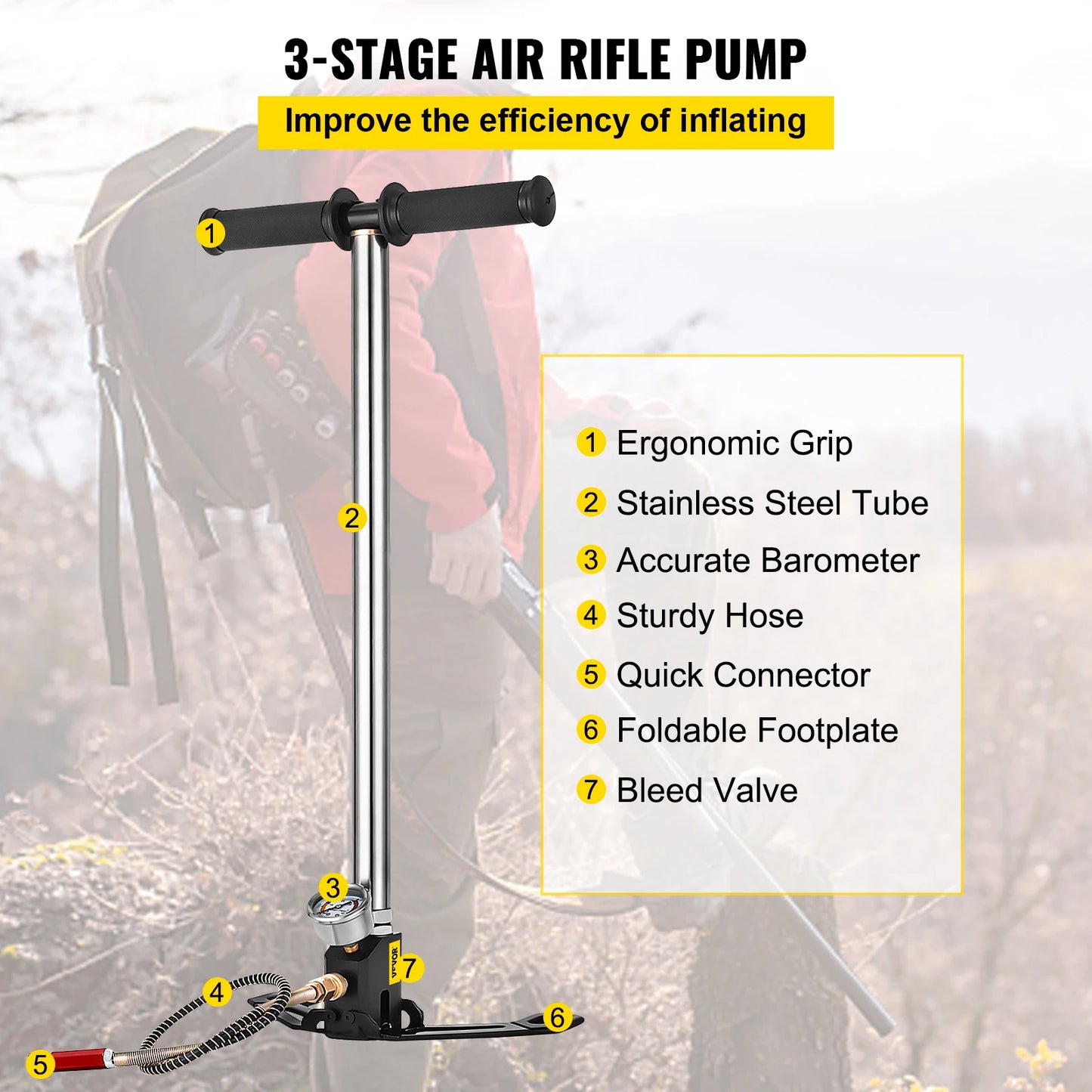 VEVOR 3-Stage PCP Hand Pump | 4500 PSI High-Pressure Air Gun Filling Stirrup with Gauge