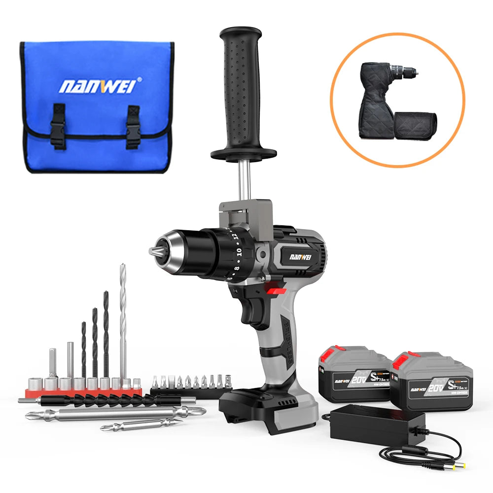 Brushless Cordless Impact Drill NANWEI Cordless 21v 13mm Ice Drill Power Tool 150NM High Torque