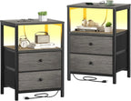 White Nightstands Set of 2, Bedroom Night Stand Set Two Nightstand with Charging Station and LED Light, Bedside Table with 2 Fab