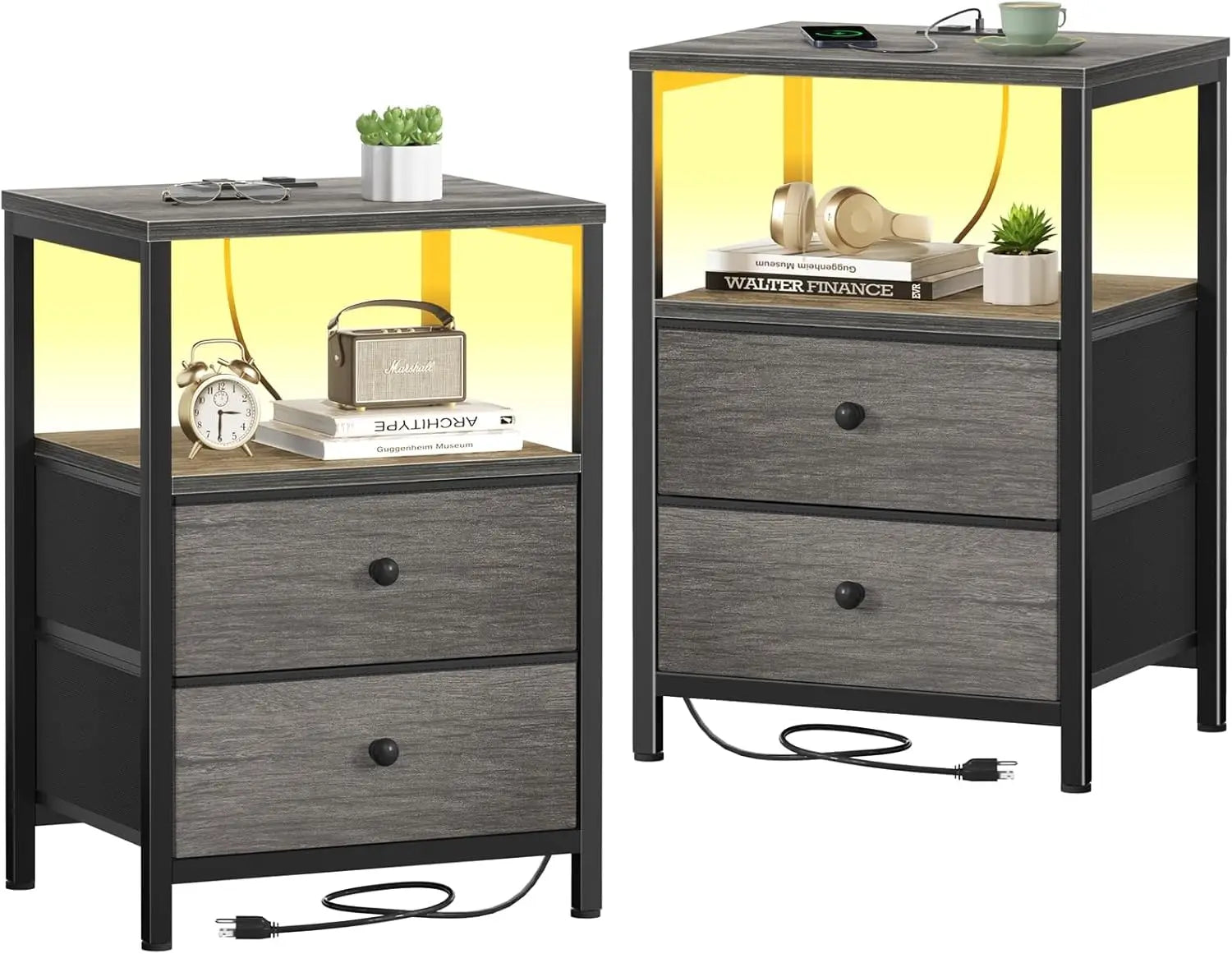 White Nightstands Set of 2, Bedroom Night Stand Set Two Nightstand with Charging Station and LED Light, Bedside Table with 2 Fab
