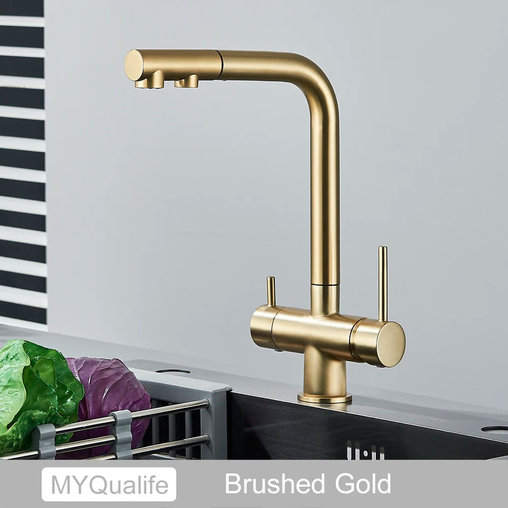 Chrome Brass Pull Out Filtered Kitchen Faucet Dual Handle Hot Cold Drinking Water 3-Way Filter Purification Mixer Taps