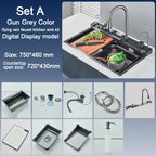 Stainless Steel Kitchen Sink with Faucet Digital Display Large Single Bowl Waterfall Rain 5 Functions System Dish Basin Sink