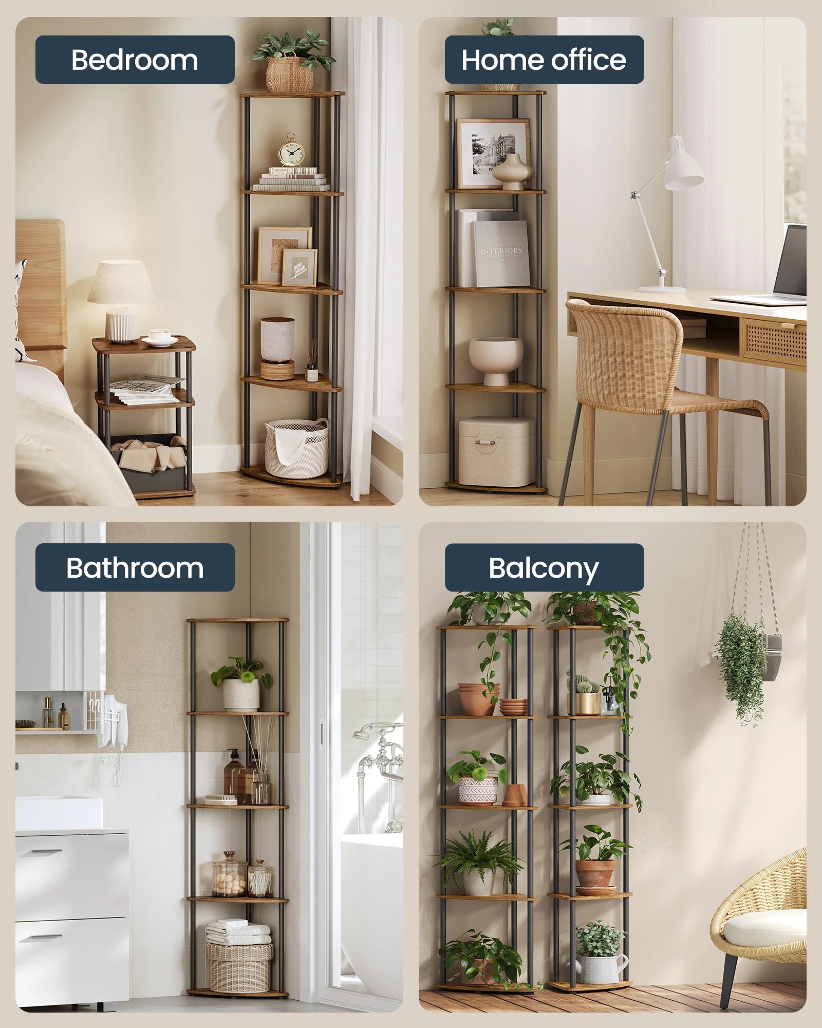 SONGMICS HOME Superfast Toolless Assembly, Corner Shelf Stand, 5-Tier Corner Standing Shelf, Living Room, Bedroom, Kitchen