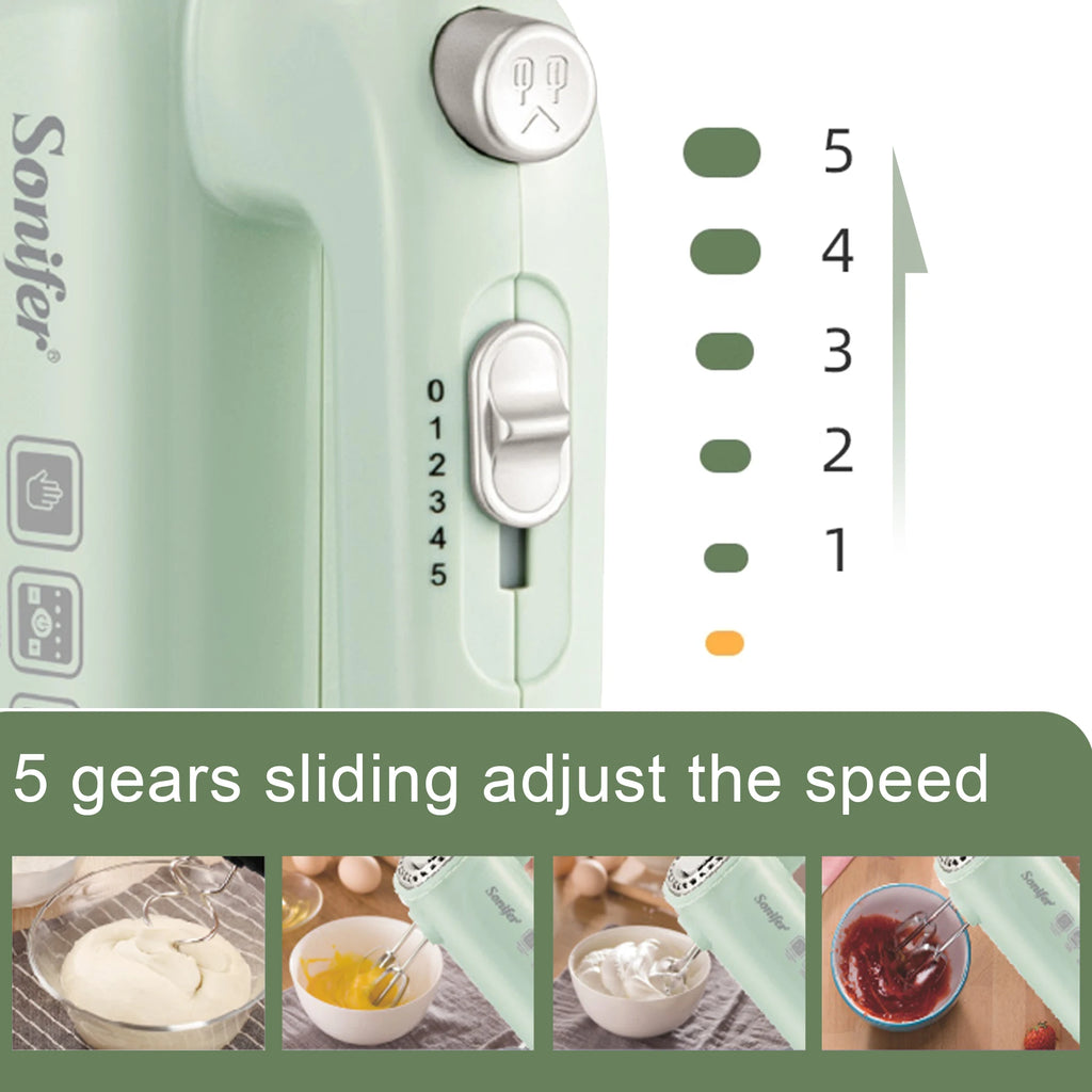 "Sonifer Hand Mixer SF-7034 .Light green appearance, fresh color .New food grade high strength ABS materiel .5 gears sliding adj