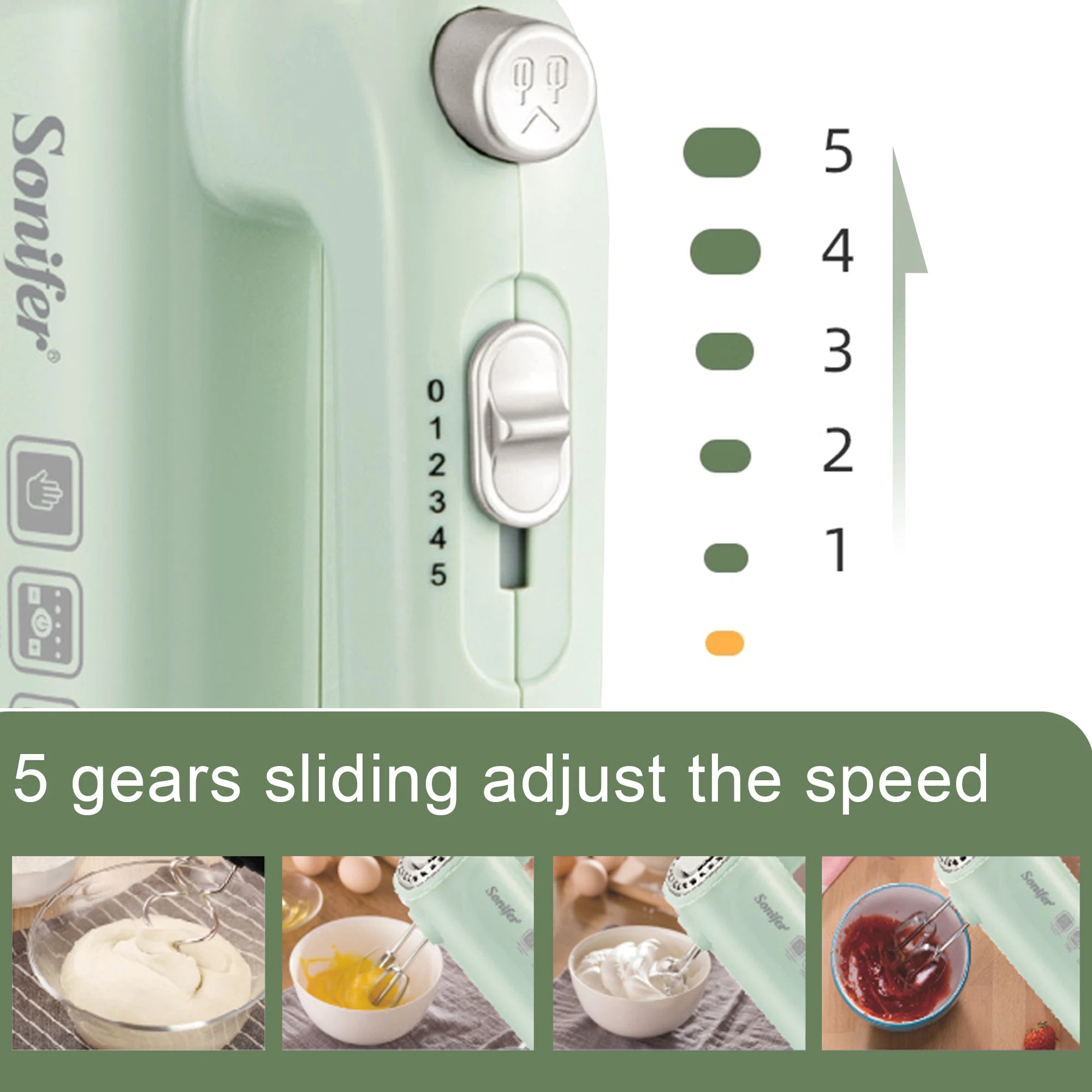 "Sonifer Hand Mixer SF-7034 .Light green appearance, fresh color .New food grade high strength ABS materiel .5 gears sliding adj