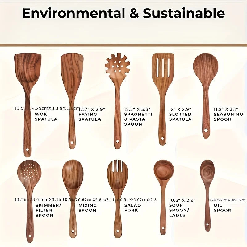 10PCS Natural Wooden Cooking Utensils Kit - Spoons Ladles for Salad Soup Noodles - Kitchen Utensils