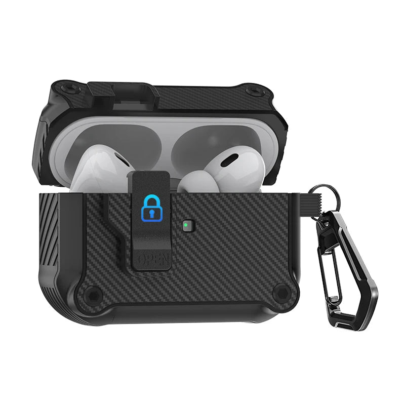 Dual Protective Case for AirPods Pro 2 and AirPods 4 2024 with Locking Clip Carbon Fiber Shockproof Keychain Magnetic Lid