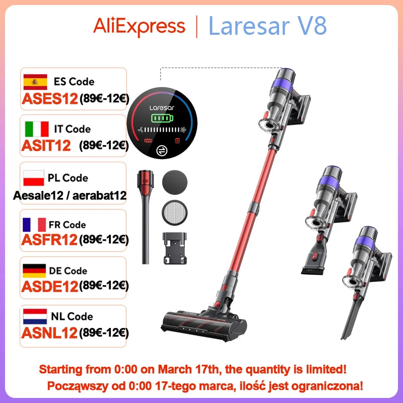 Laresar 48000pa 500W V8 Cordless Vacuum Cleaner Car 60 Mins Home Appliance Wireless Removable Battery 2024 NEW Brushless mo