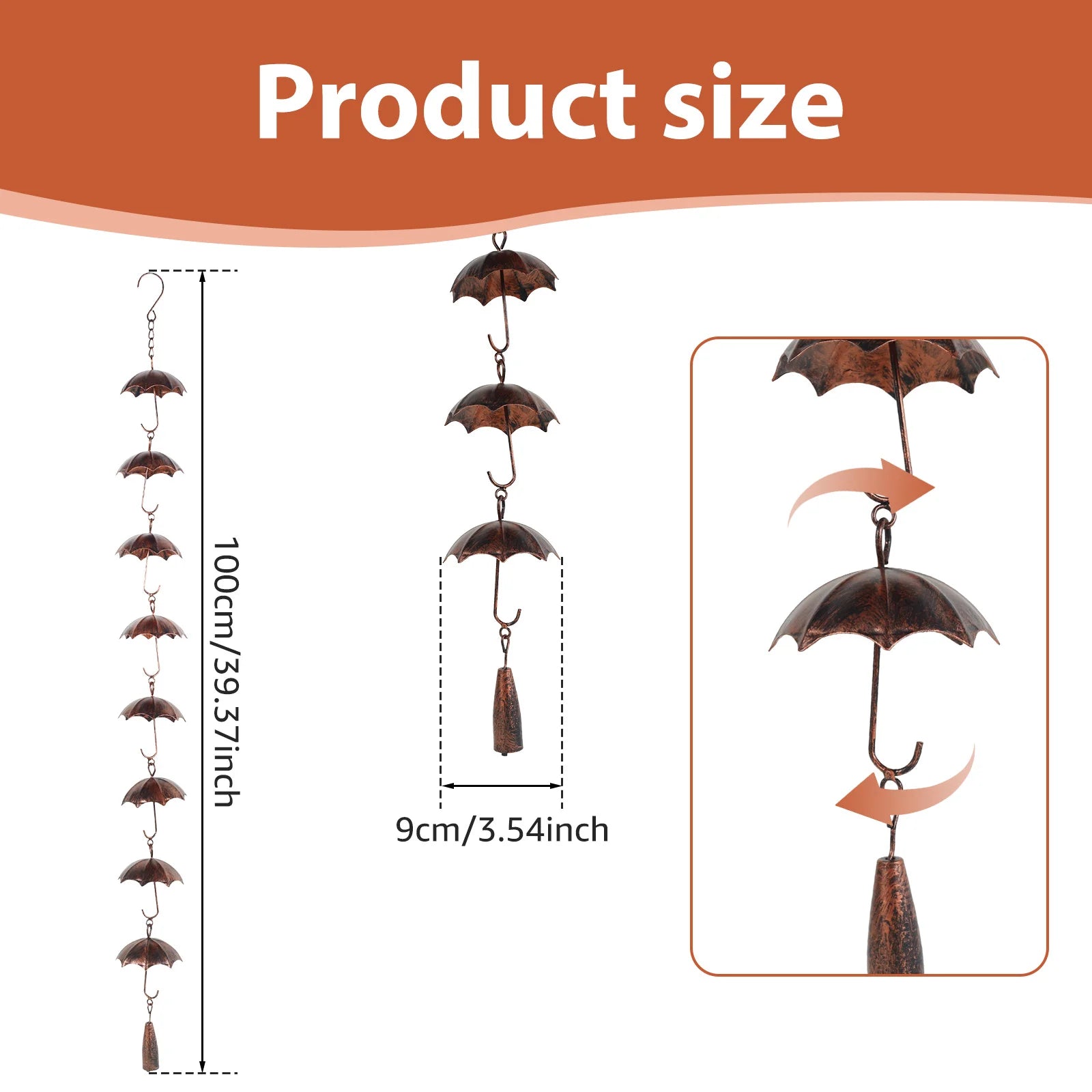 Metal Rain Chain Pinecone/Umbrella Decorative Rain Gutter Chains Vintage Gutter Chain Downspout with Hooks for Yard Garden Decor