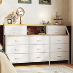 55" W White Dresser for Bedroom, Dressers & Chests of Drawers with 13 Fabric Drawers and 2 Open Shelves, White Dresser
