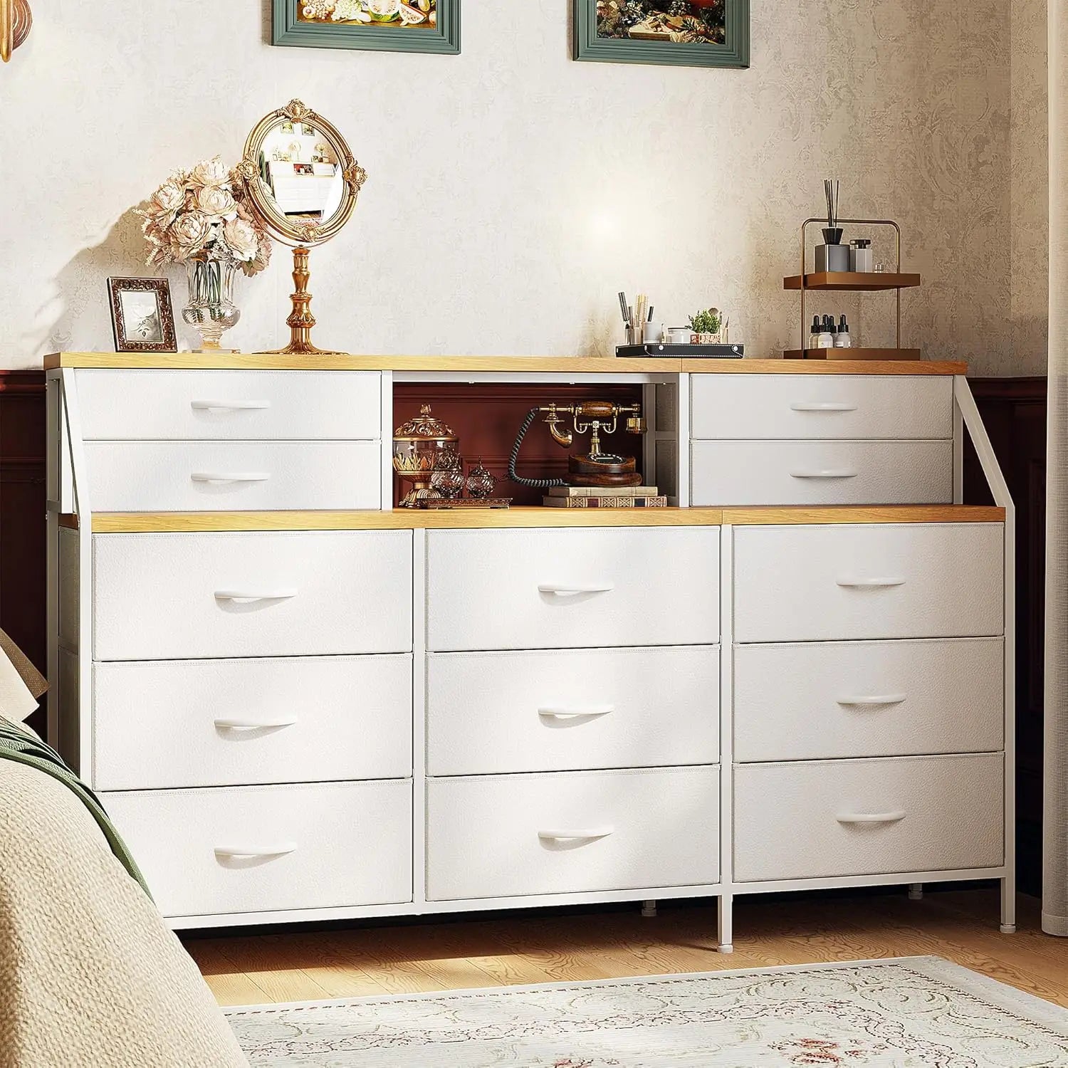 55" W White Dresser for Bedroom, Dressers & Chests of Drawers with 13 Fabric Drawers and 2 Open Shelves, White Dresser