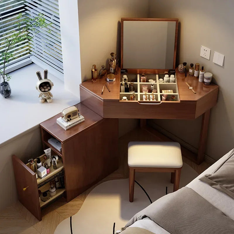 Corner Dressing Makeup Vanity Table with Mirror, Wood Vanity Set with Cabinet Retractable Dresser with Lots Storage for Bedroom
