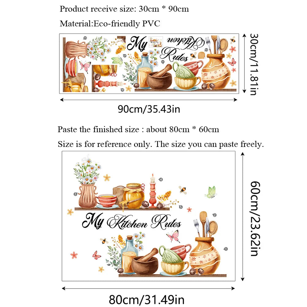 Cartoon Kitchen Utensils Pattern Wall Sticker For Kitchen Background Decoration Mural Restaurant Home Decor Self-adhesive Decals