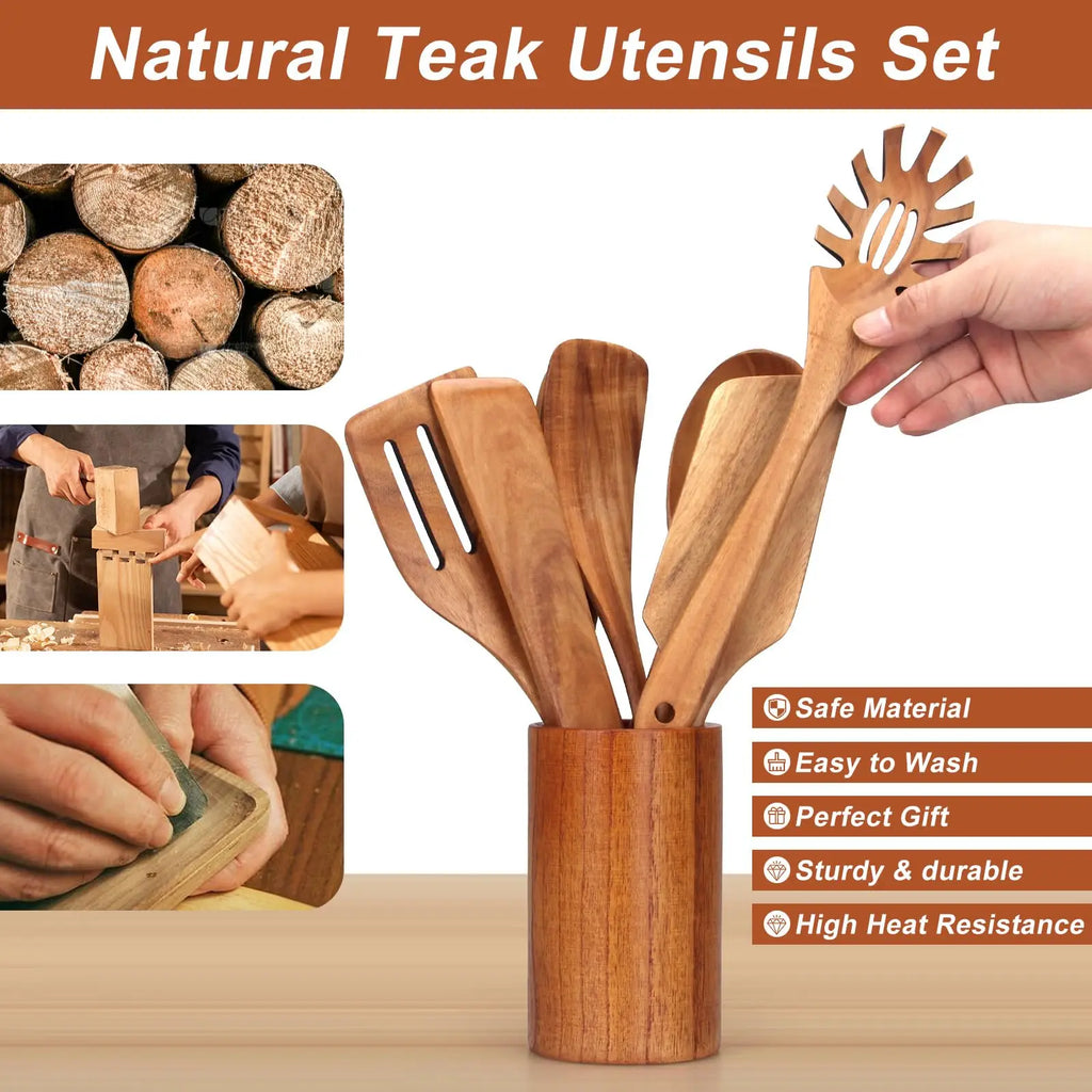 Kitchen Wooden Spoons for Cooking, Easy to Clean, Durable, Smooth with Comfort Grip - Non Toxic Wooden Cooking Utensil Sets
