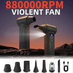P70 Turbo Fan 160g Wind Pressure Powerful Turbo Air Blower With LED Lights Wireless Dust Blower High Speed Jet Blower Car Vacuum