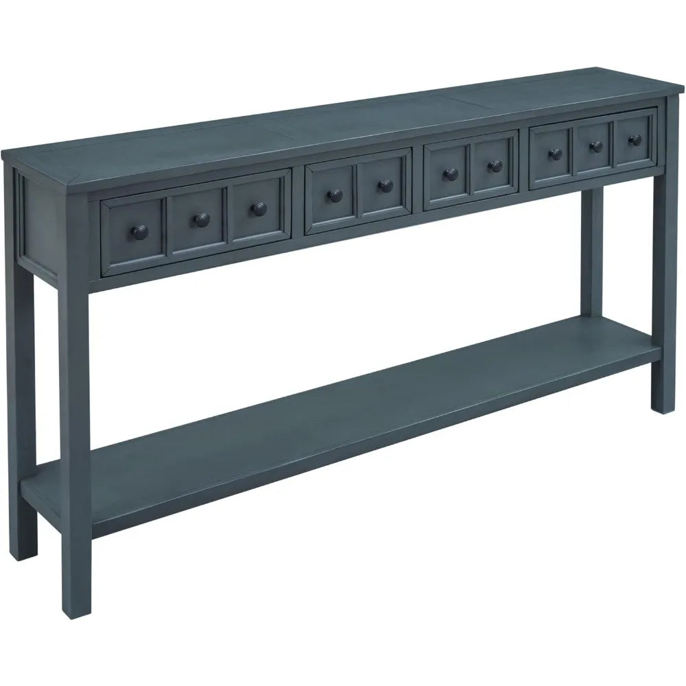 Merax Long Farmhouse Entryway Table with Storage Drawers and Bottom Shelf, Sofa Console Table for Living Room Hallway, Navy Blue