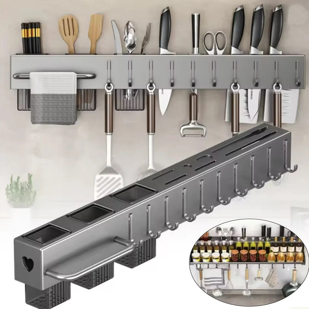 Kitchen Cookware Storage Rack Stainless Steel Multi-functional Non-punching Rack Chopstick Cylinder Wall-mounted Knife Holder