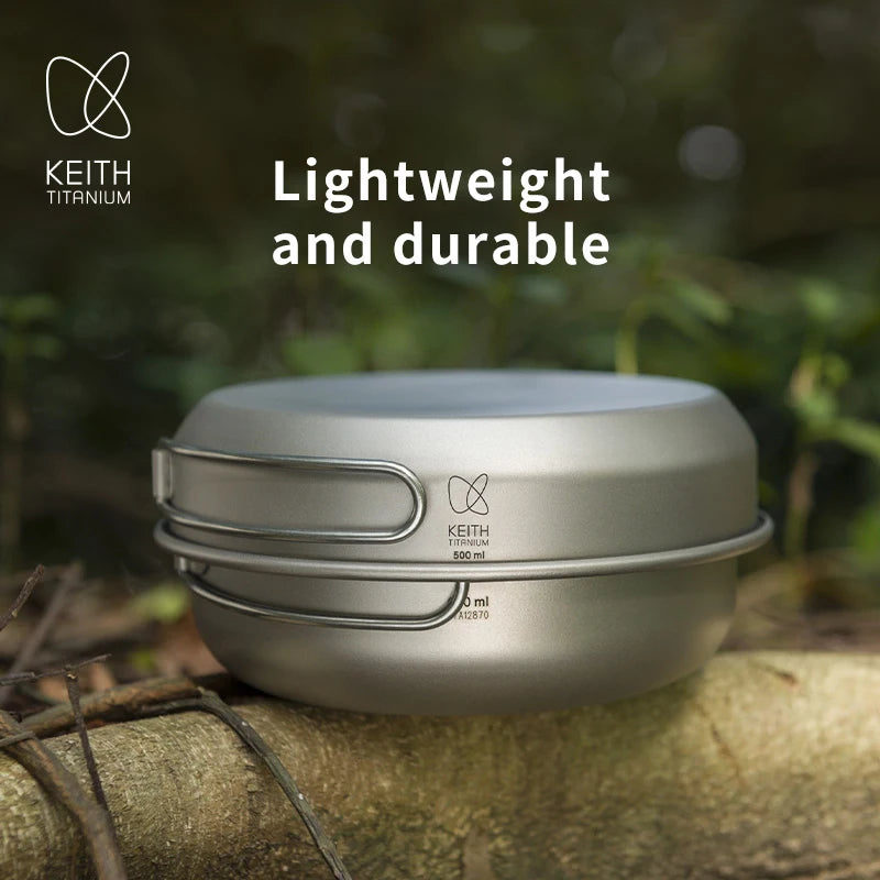 KEITH Compact Titanium Camping Cookware Set 3-Piece Nesting Pot with Folding Handle & Carry Bag, Lightweight Portable