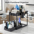 Bathroom Kitchen 2 Tier Under Sink Organizer Sliding Cabinet Storage Basket Rack with Hooks Hanging Cup