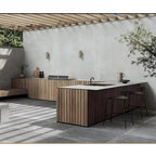 Outdoor bar kitchen setup with stainless steel doors and cabinet system