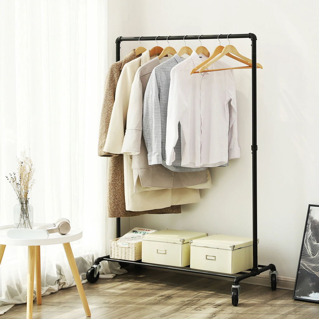SONGMICS Heavy Duty Metal Clothes Rack on Wheels, Holds 90 kg, Industrial Design, Coat Stand with 1 Clothes Rail and Shelf