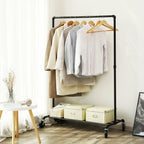 SONGMICS Heavy Duty Metal Clothes Rack on Wheels, Holds 90 kg, Industrial Design, Coat Stand with 1 Clothes Rail and Shelf
