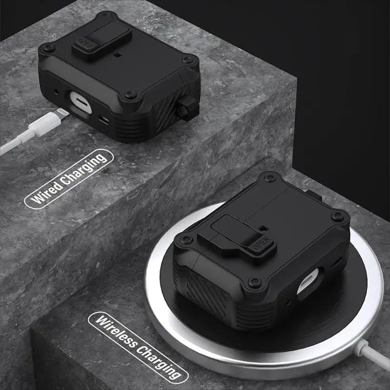 Dual Protective Case for AirPods Pro 2 and AirPods 4 2024 with Locking Clip Carbon Fiber Shockproof Keychain Magnetic Lid