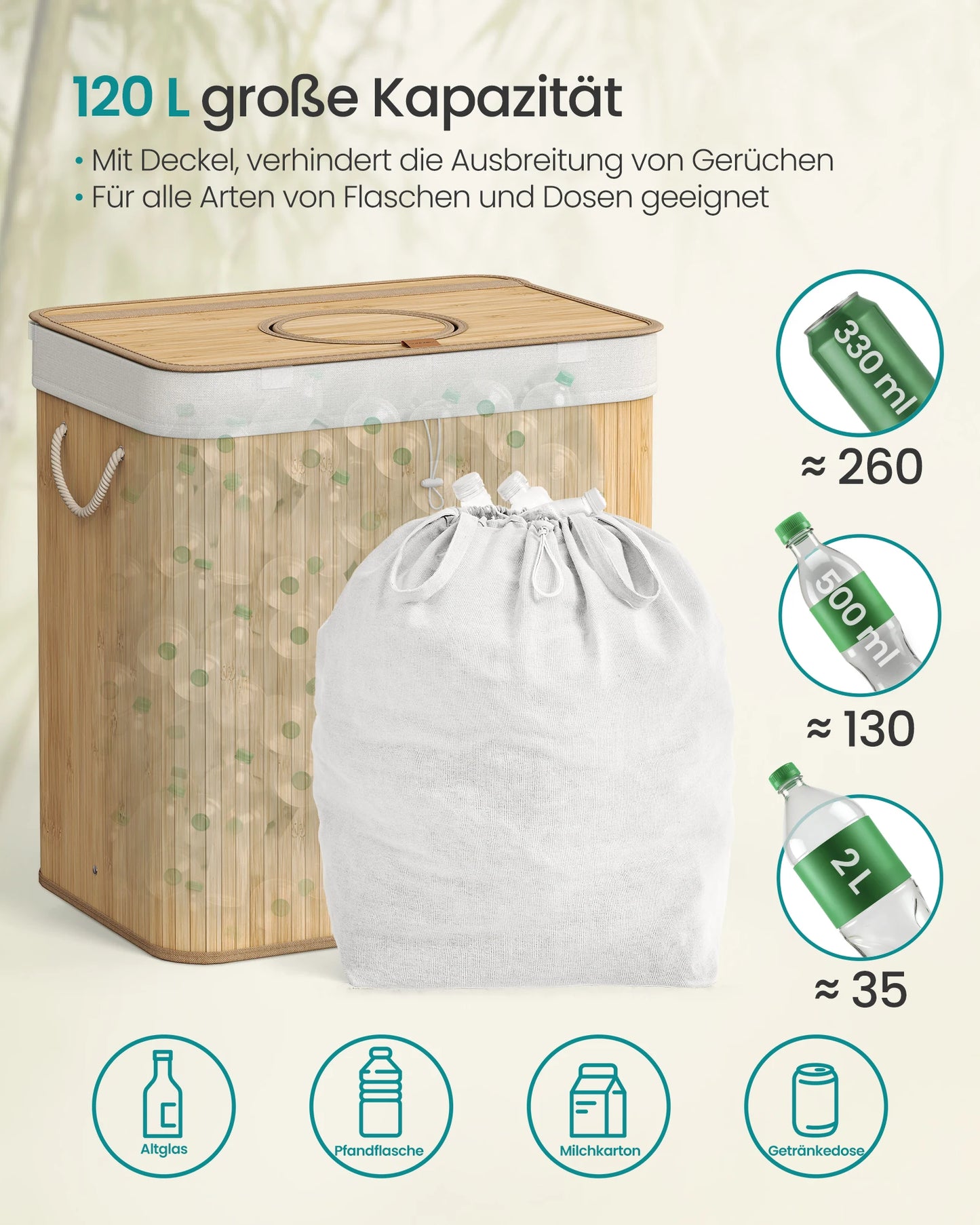 SONGMICS returnable bottle collection container, 120 L returnable bottle container, bamboo, bottles collector empties, recycling container