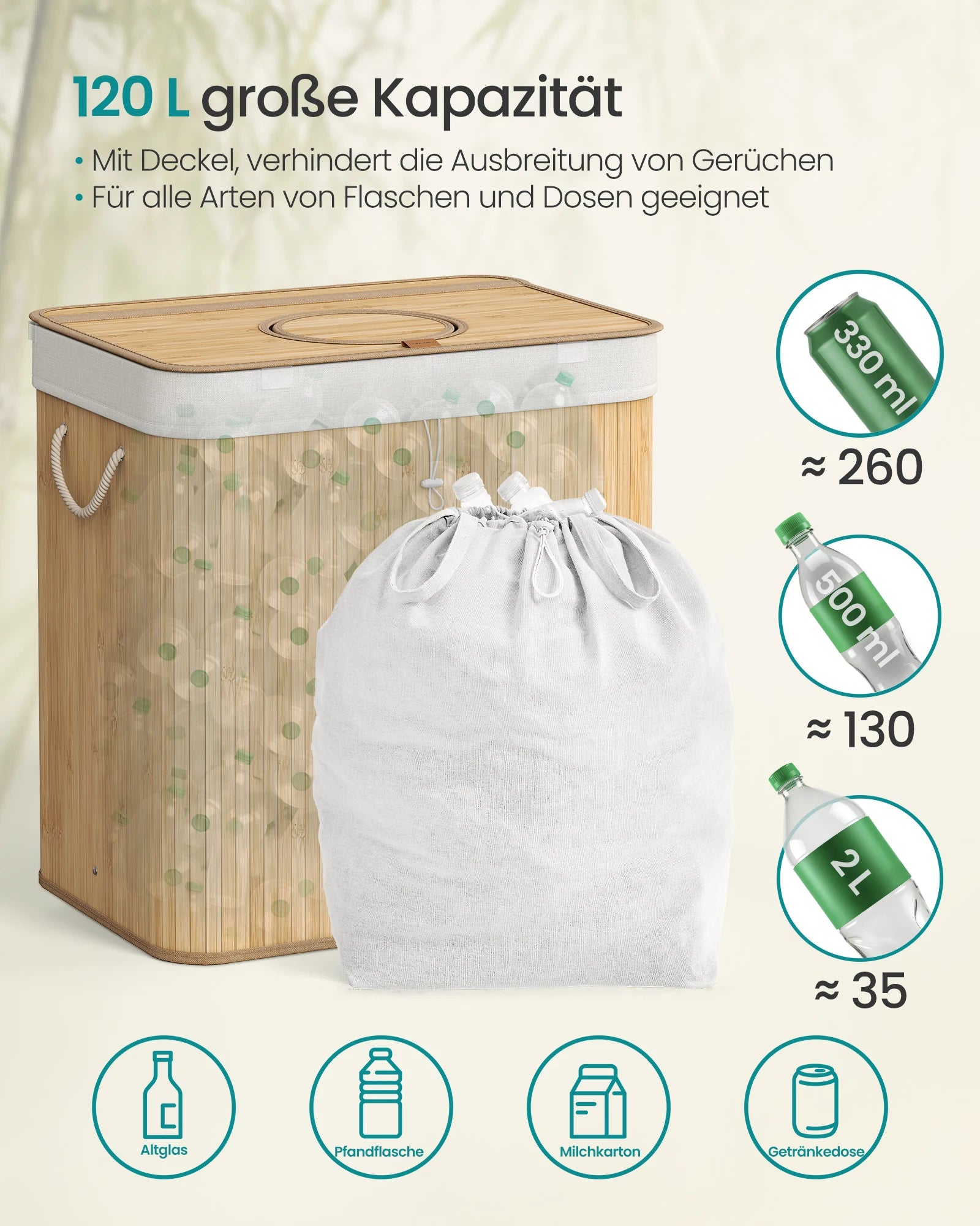 SONGMICS returnable bottle collection container, 120 L returnable bottle container, bamboo, bottles collector empties, recycling container