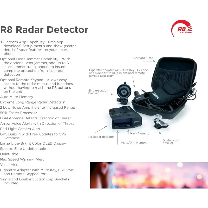 R8 Extreme Long-Range Radar/Laser Detector, Dual-Antennas Front & Rear Detection w/Directional Arrows & RDA
