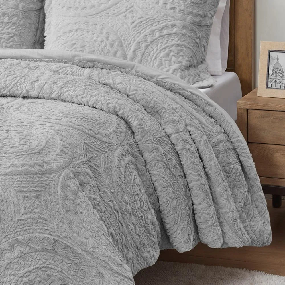King/Cal King Embroidered Medallion Faux Fur Ultra Plush Comforter Mini Set