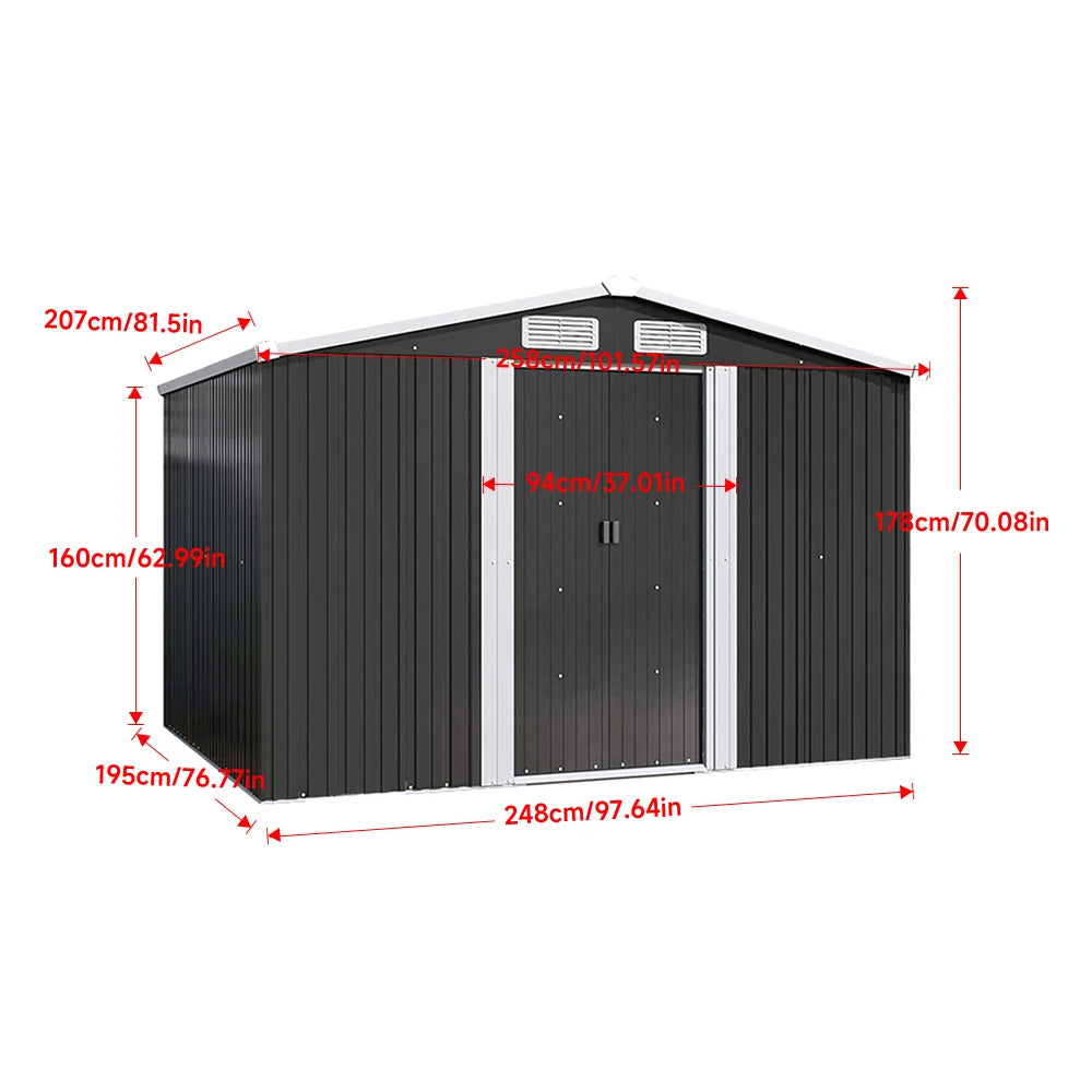 【Breeins】6 X 8 FT Black Outdoor Storage Shed, Metal Large Shed Garden with Air Vent, 2 Slide Door