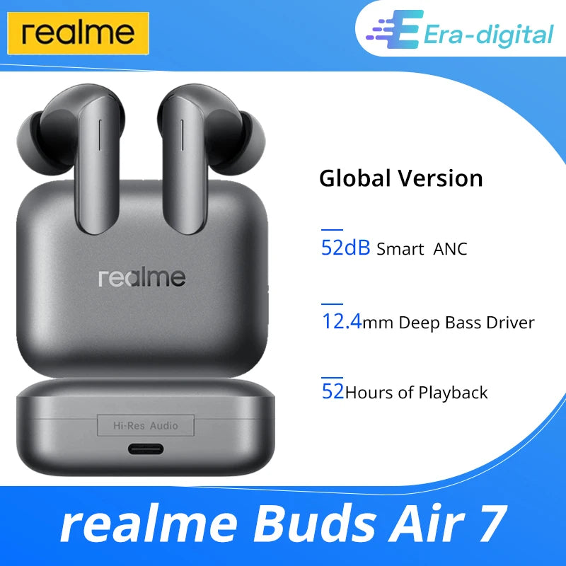 【Brand+】Global Version realme Buds Air 7 52dB Smart Active Noise Cancellation 12.4mm Deep Bass Driver BT5.4 360° Spatial