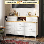 55" W White Dresser for Bedroom, Dressers & Chests of Drawers with 13 Fabric Drawers and 2 Open Shelves, White Dresser