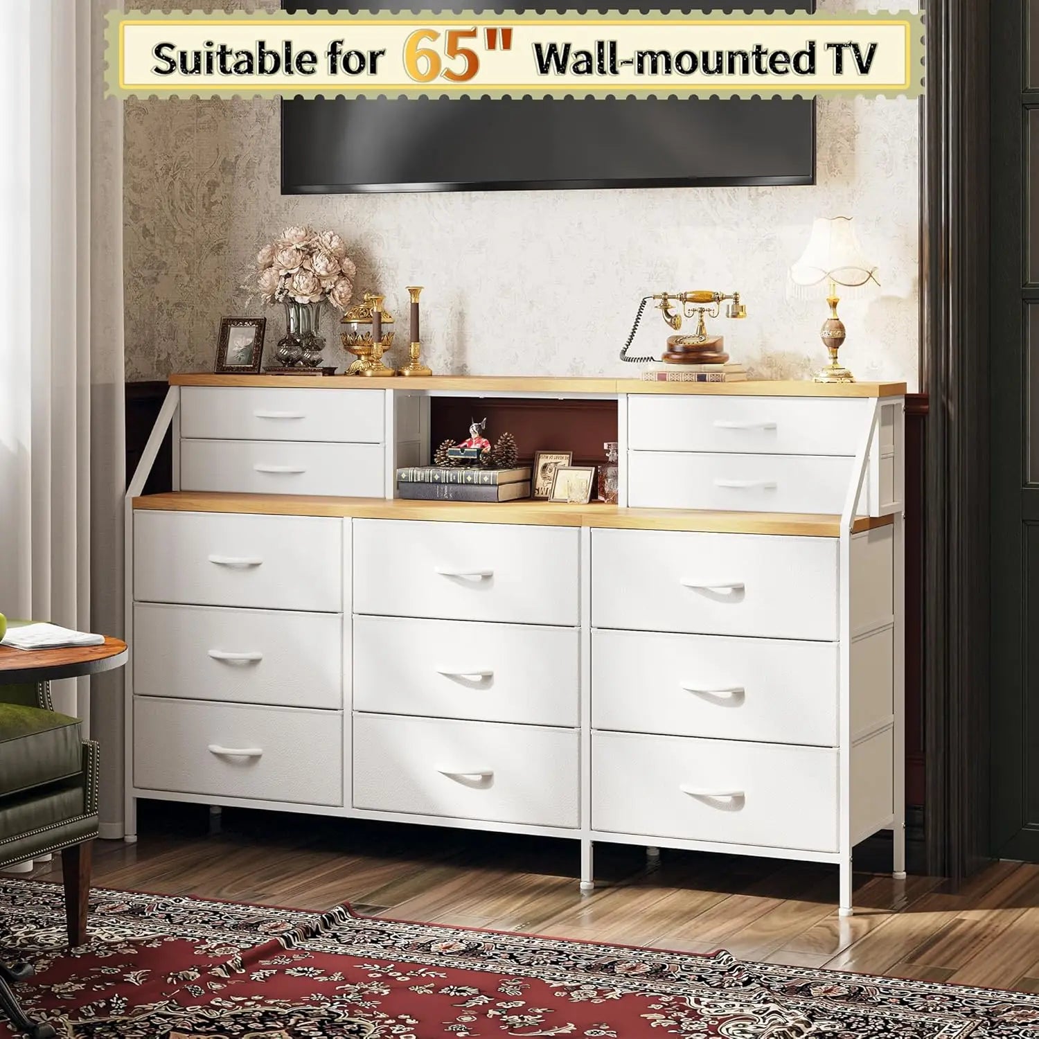 55" W White Dresser for Bedroom, Dressers & Chests of Drawers with 13 Fabric Drawers and 2 Open Shelves, White Dresser