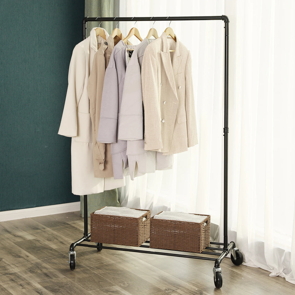 SONGMICS Heavy Duty Metal Clothes Rack on Wheels, Holds 90 kg, Industrial Design, Coat Stand with 1 Clothes Rail and Shelf