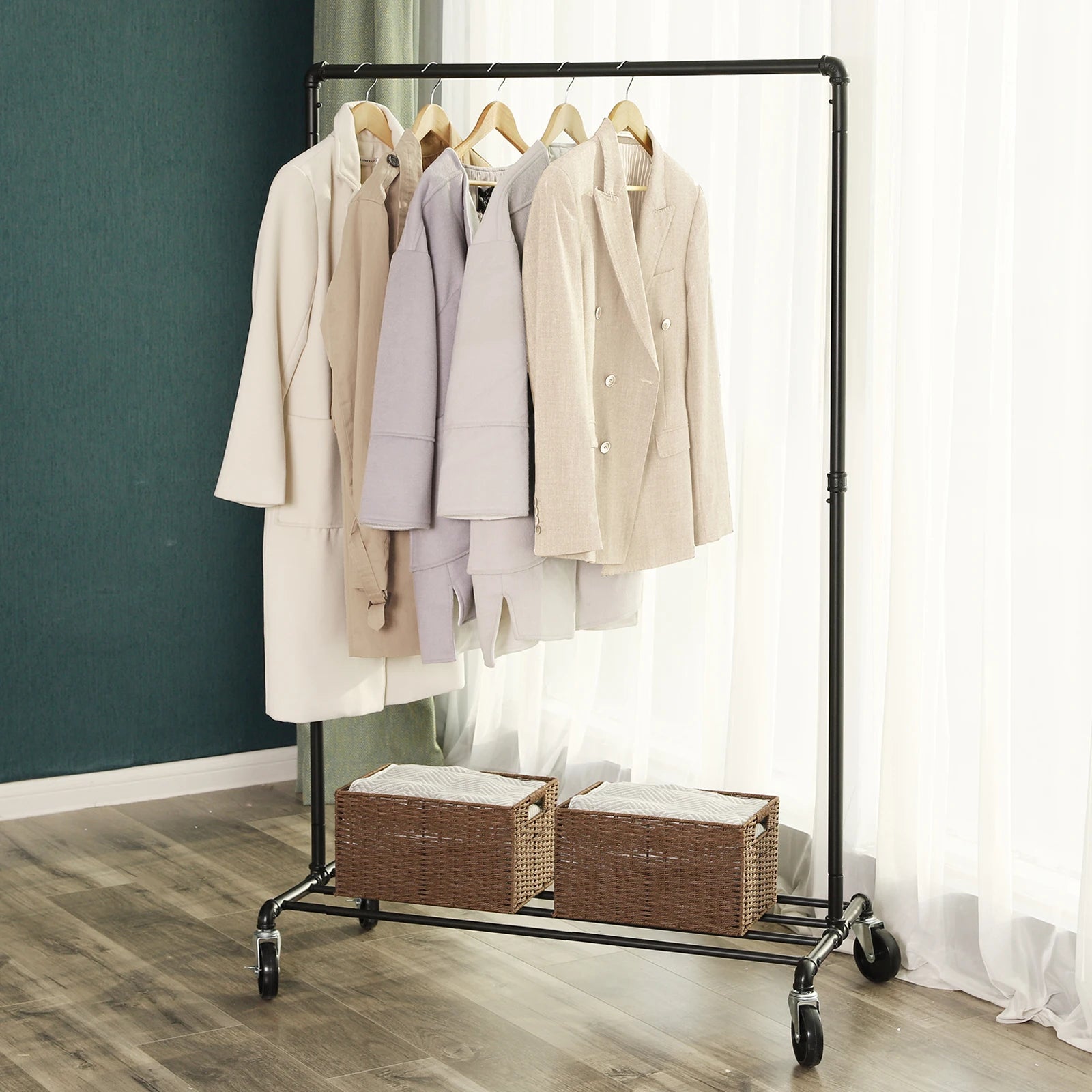 SONGMICS Heavy Duty Metal Clothes Rack on Wheels, Holds 90 kg, Industrial Design, Coat Stand with 1 Clothes Rail and Shelf