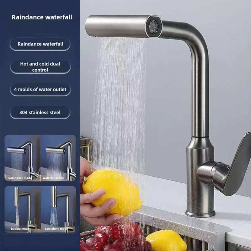 304 Stainless Steel Kitchen Faucet 4 Mode Kitchen Faucet 360°Rotating Waterfall Flow Spray Head Hot And Cold Water Faucet