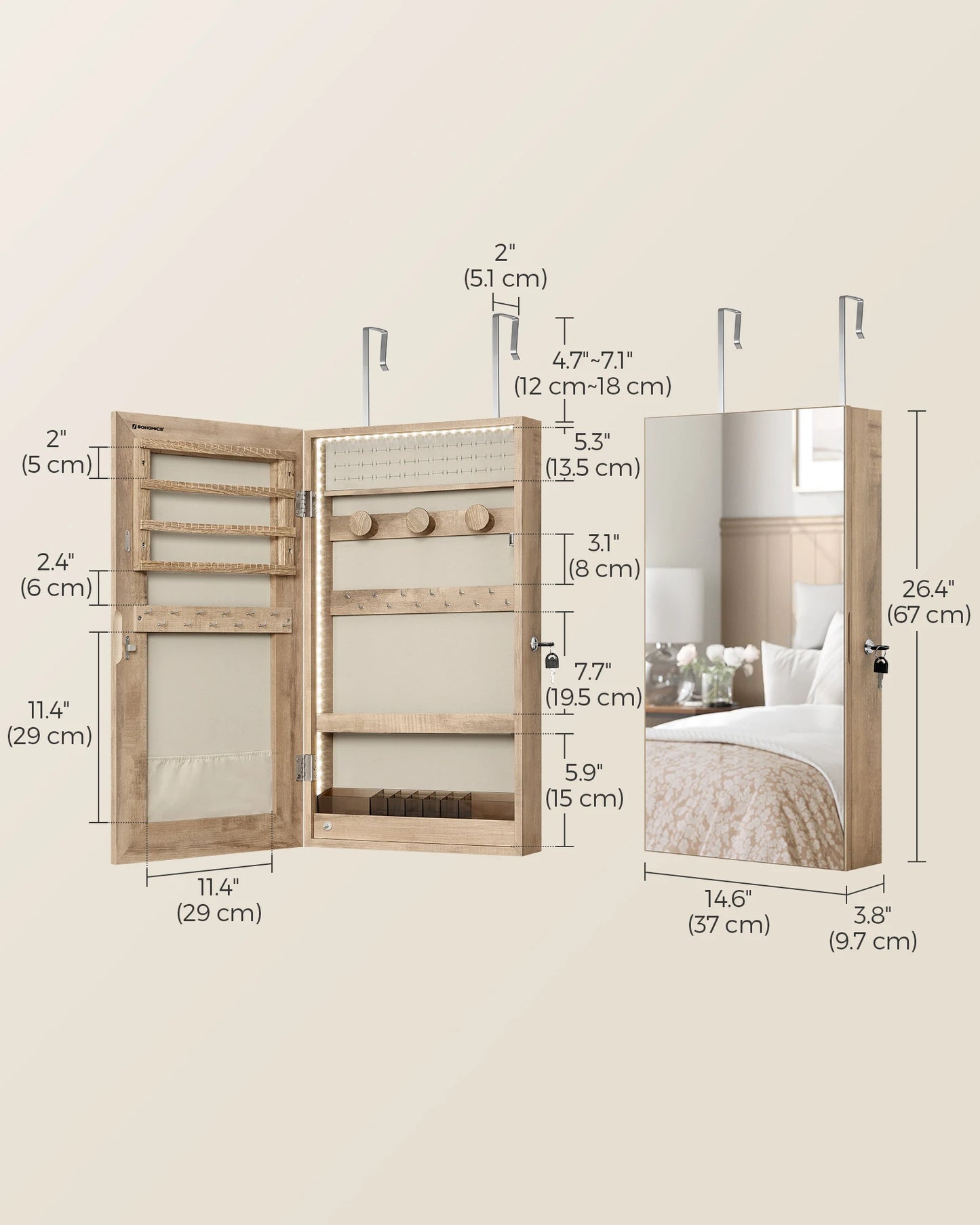 SONGMICS Mirror Jewelry Cabinet Armoire with Built-in LED Lights, Wall or Door Mounted Jewelry Storage Organizer
