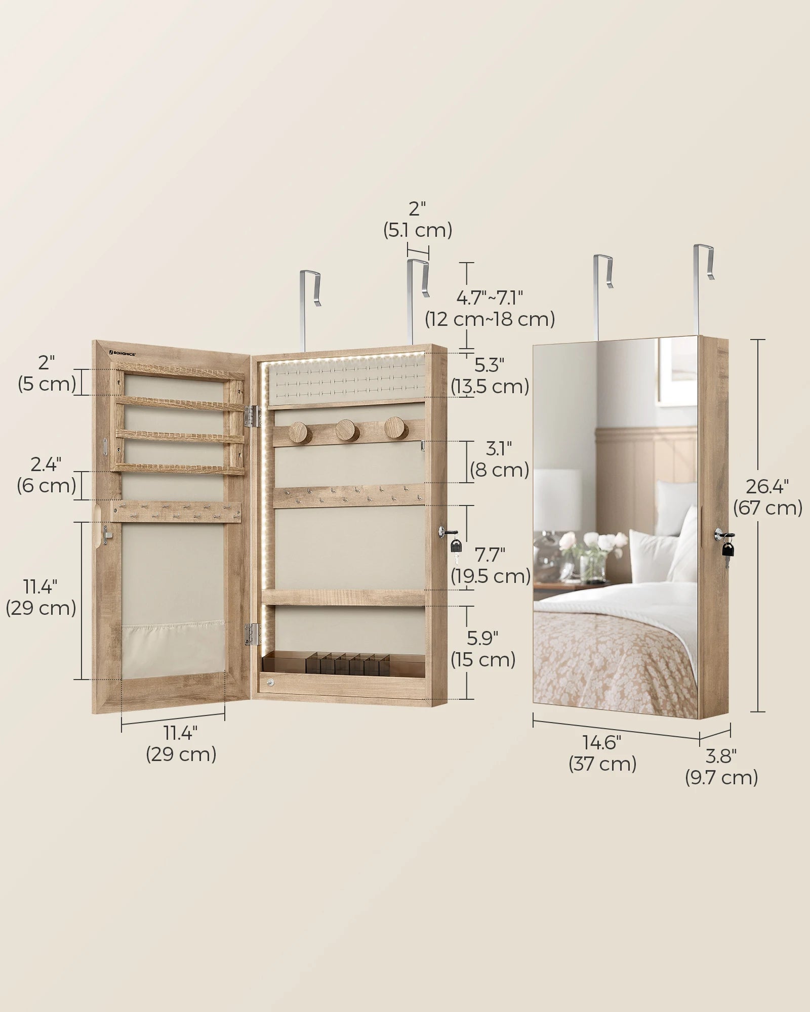 SONGMICS Mirror Jewelry Cabinet Armoire with Built-in LED Lights, Wall or Door Mounted Jewelry Storage Organizer