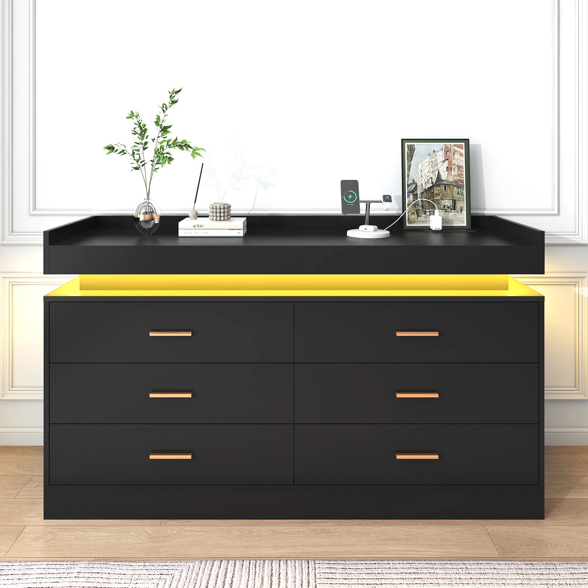 6 Drawer Dresser with LED Light and Charging Station, Modern Chest of Drawers for Closet, Wide Drawer Organizer Cabinet