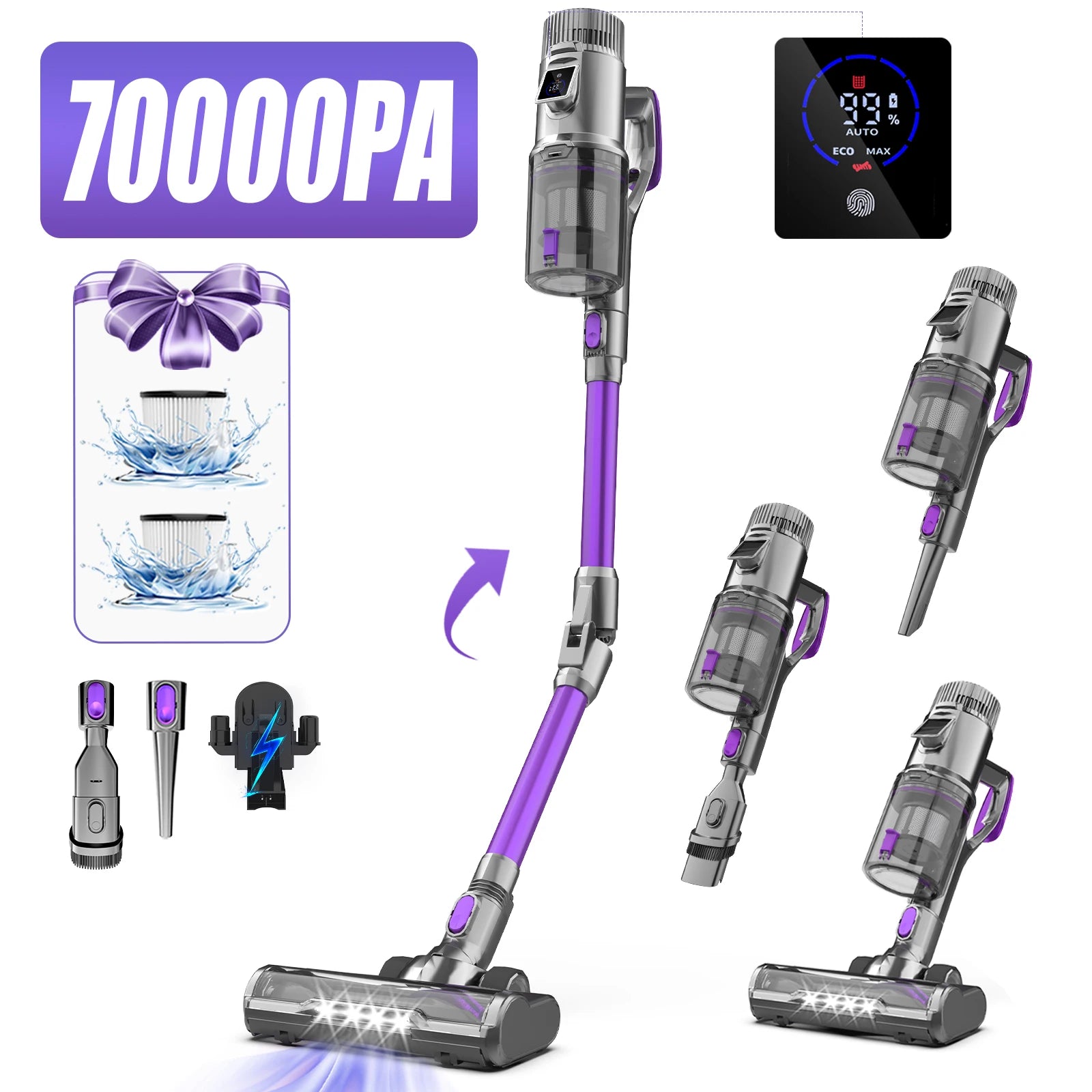 FixtFixer 6-in-1 Vacuum clean Cordless with Anti-triangle Brush, 70000Pa 500W Vacuum speaker for Fout Hair, Hard Floors, Carare