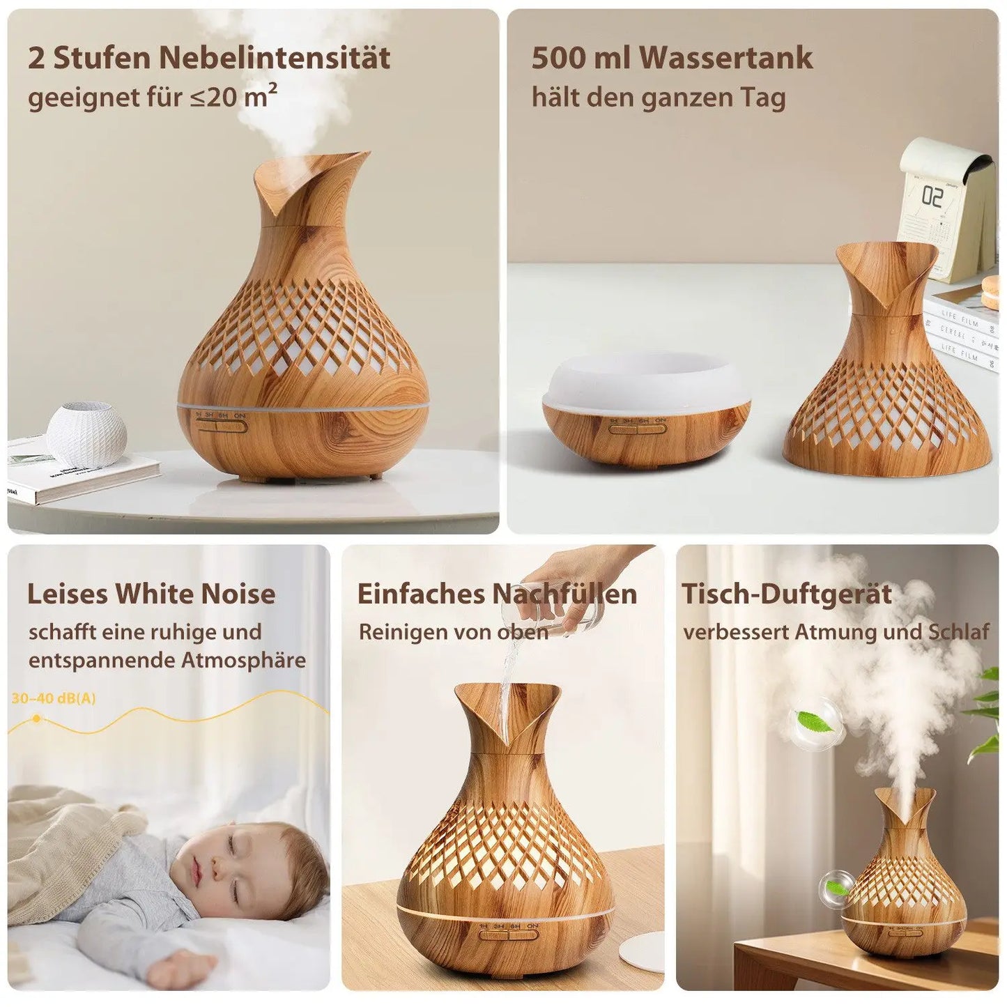500ml Wood Grain Humidifier with Flowers, Quiet Aromatherapy Diffuser,