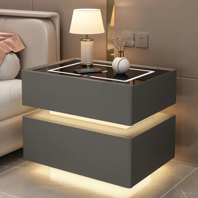 Creative 25-50cm Smart Bedside Table with Sensor Light Nordic Style Storage Cabinet Bedroom Nightstand with Wireless Charging