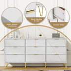 White 9 Drawer Dresser for Bedroom with Deep Drawers, Wood Dressers & Chest of Drawers with Gold Handles, Modern Long Dressers