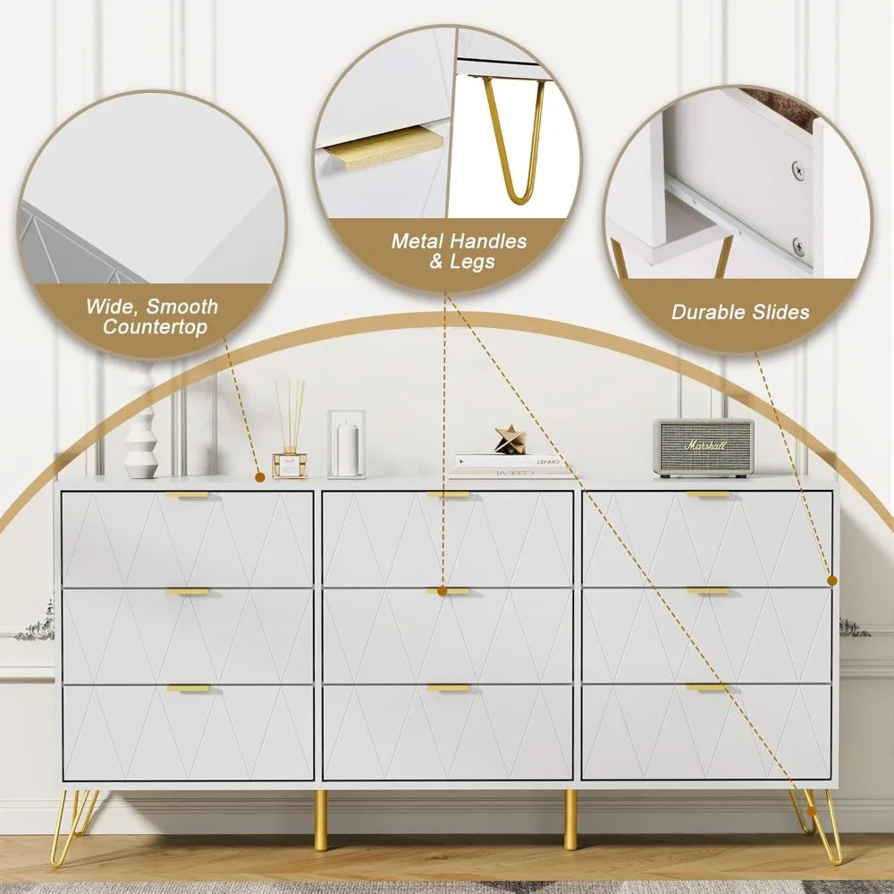 White 9 Drawer Dresser for Bedroom with Deep Drawers, Wood Dressers & Chest of Drawers with Gold Handles, Modern Long Dressers