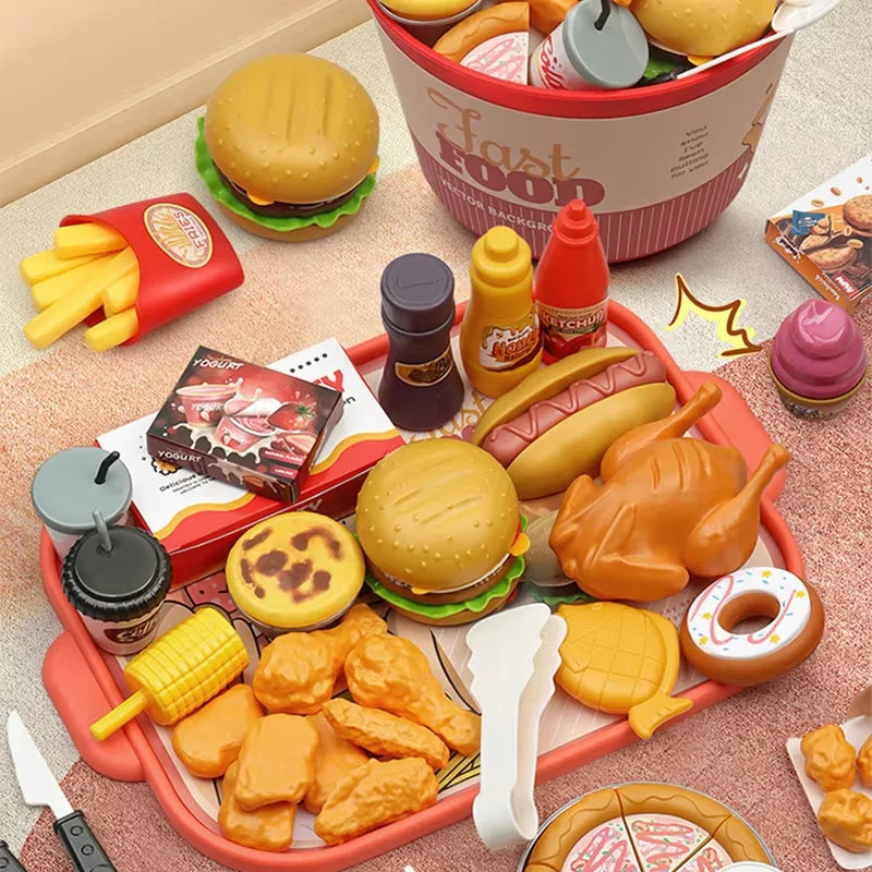 Children Pretend Play Kitchen Toys Sets Simulation Bread Burger Pizza Cooking Game Play House Party Activities Games Girl Toys